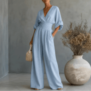 Wide Leg V-Neck Jumpsuit with Pleated Waist Sash for Women