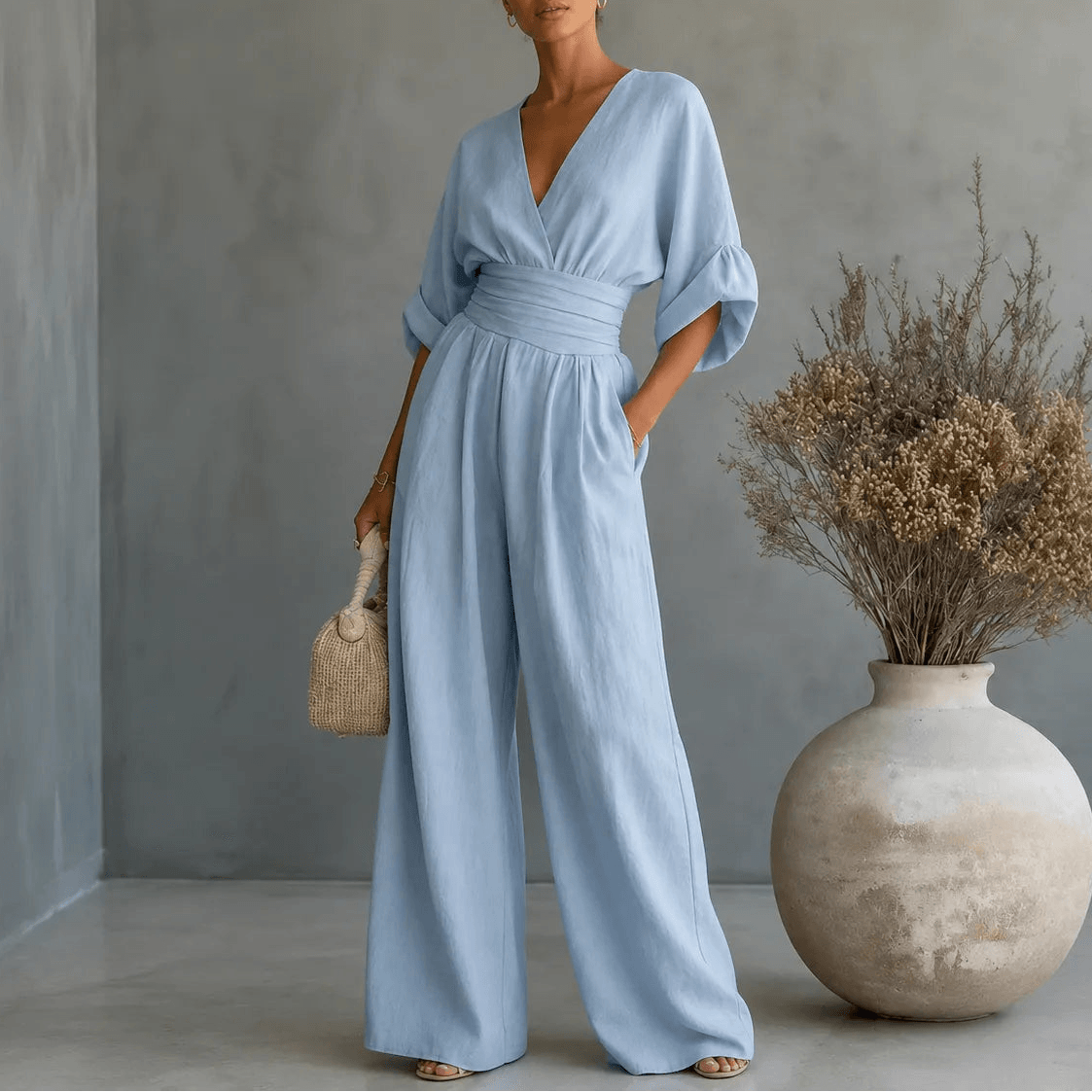 Wide Leg V-Neck Jumpsuit with Pleated Waist Sash for Women