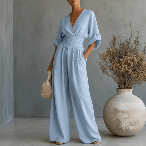 Wide Leg V-Neck Jumpsuit with Pleated Waist Sash for Women