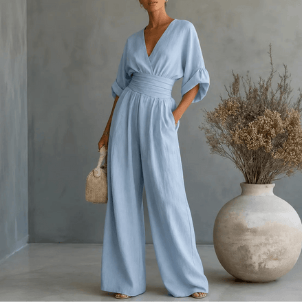 Wide Leg V-Neck Jumpsuit with Pleated Waist Sash for Women