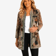 Patrice Art-Print Open-Front Jacket with Embellished Trim