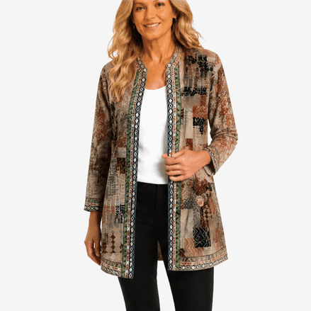 Patrice Art-Print Open-Front Jacket with Embellished Trim