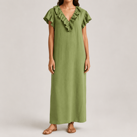 Ruffled V-Neck Maxi Dress with Hidden Pockets for Women