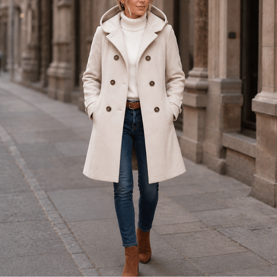 Edwina Women's Double-Breasted Hooded Winter Coat with Wide Collar