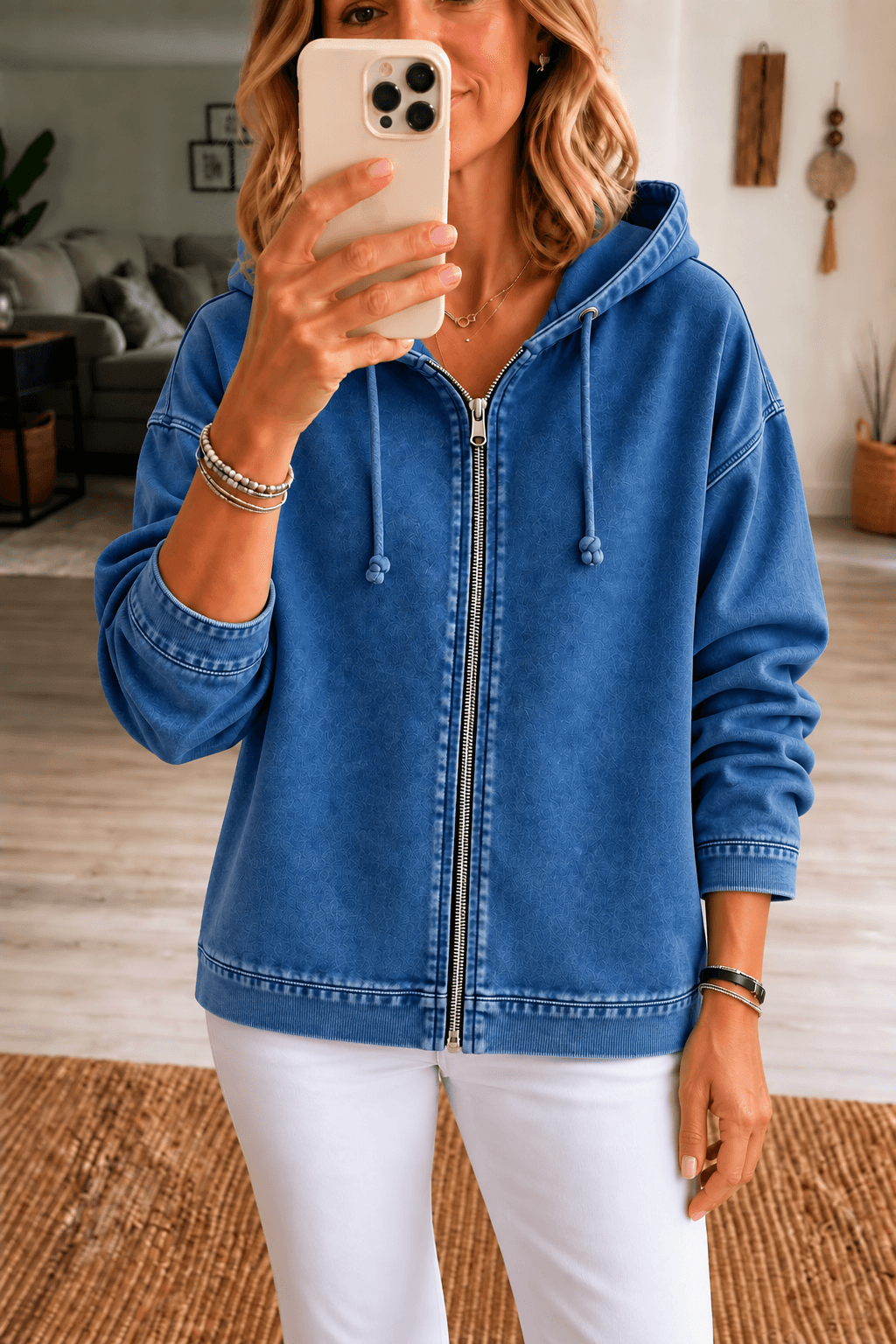 Women's Washed Relaxed Zip-Up Hoodie Jacket with Lined Hood
