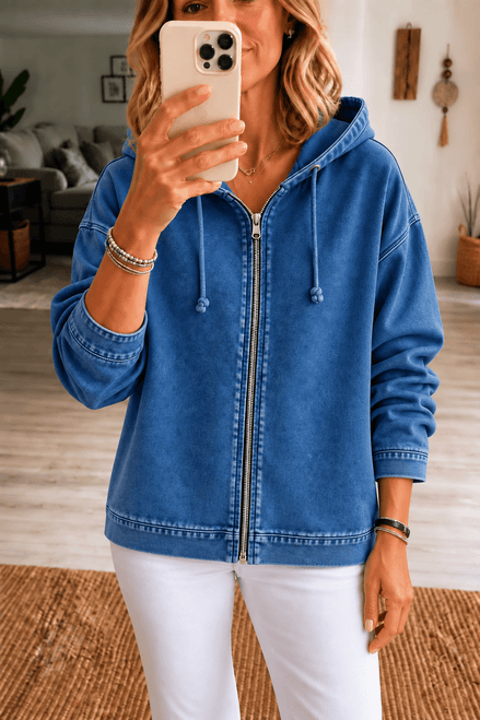 Women's Washed Relaxed Zip-Up Hoodie Jacket with Lined Hood