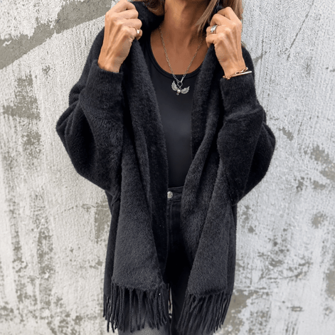 Fringe-Trim Draped Shawl Collar Open-Front Wool Winter Coat for Women