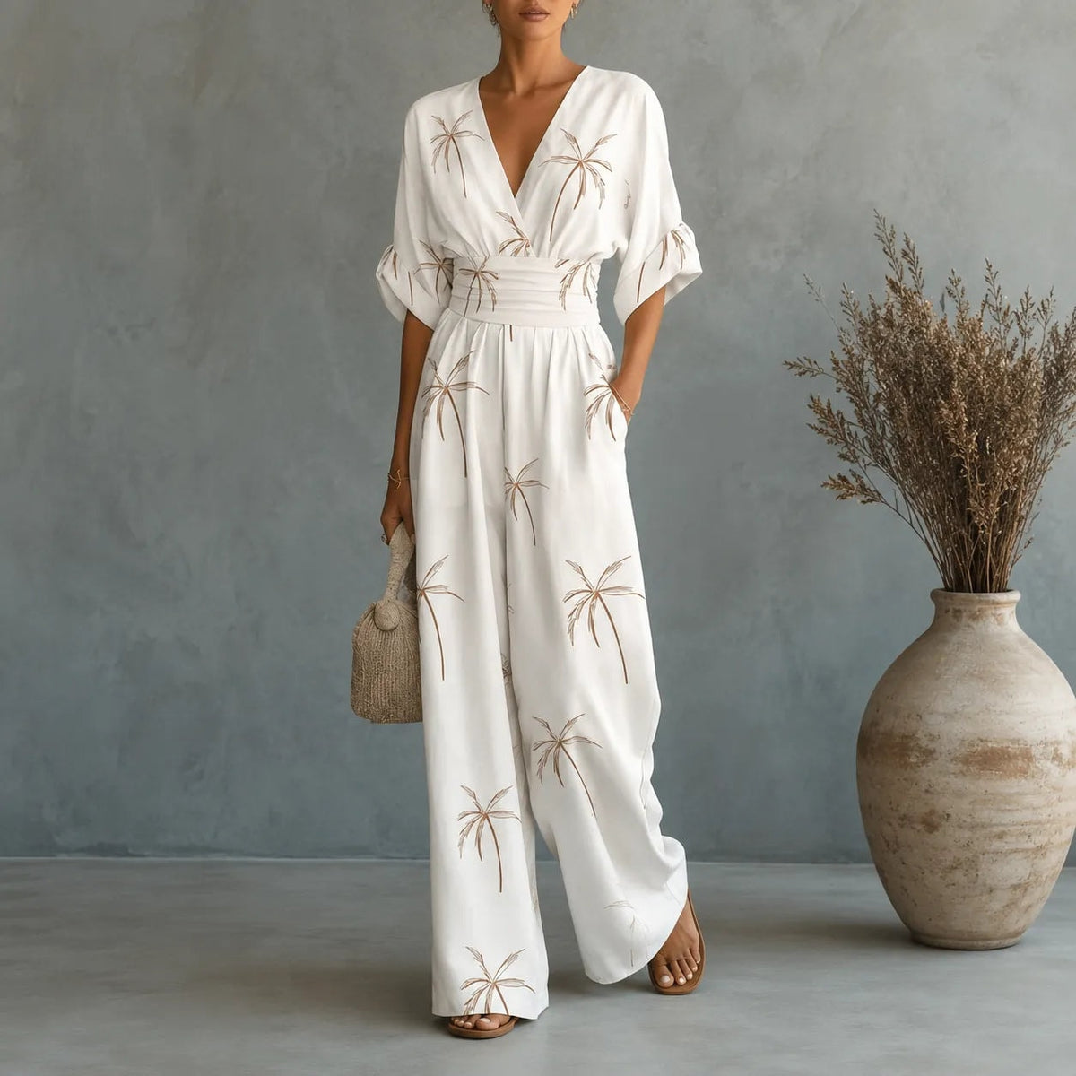 Floral Print Wide-Leg Jumpsuit with Cinched Waist and Pockets