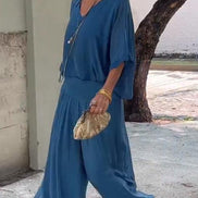 Adeline Draped Blouson Top and Wide-Leg Trouser Two Piece Set