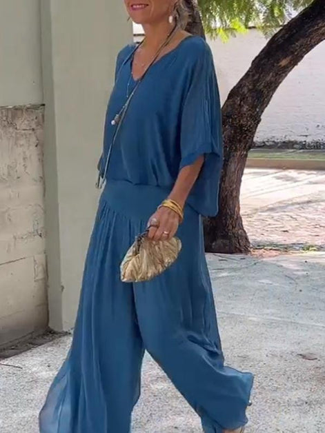 Adeline Draped Blouson Top and Wide-Leg Trouser Two Piece Set