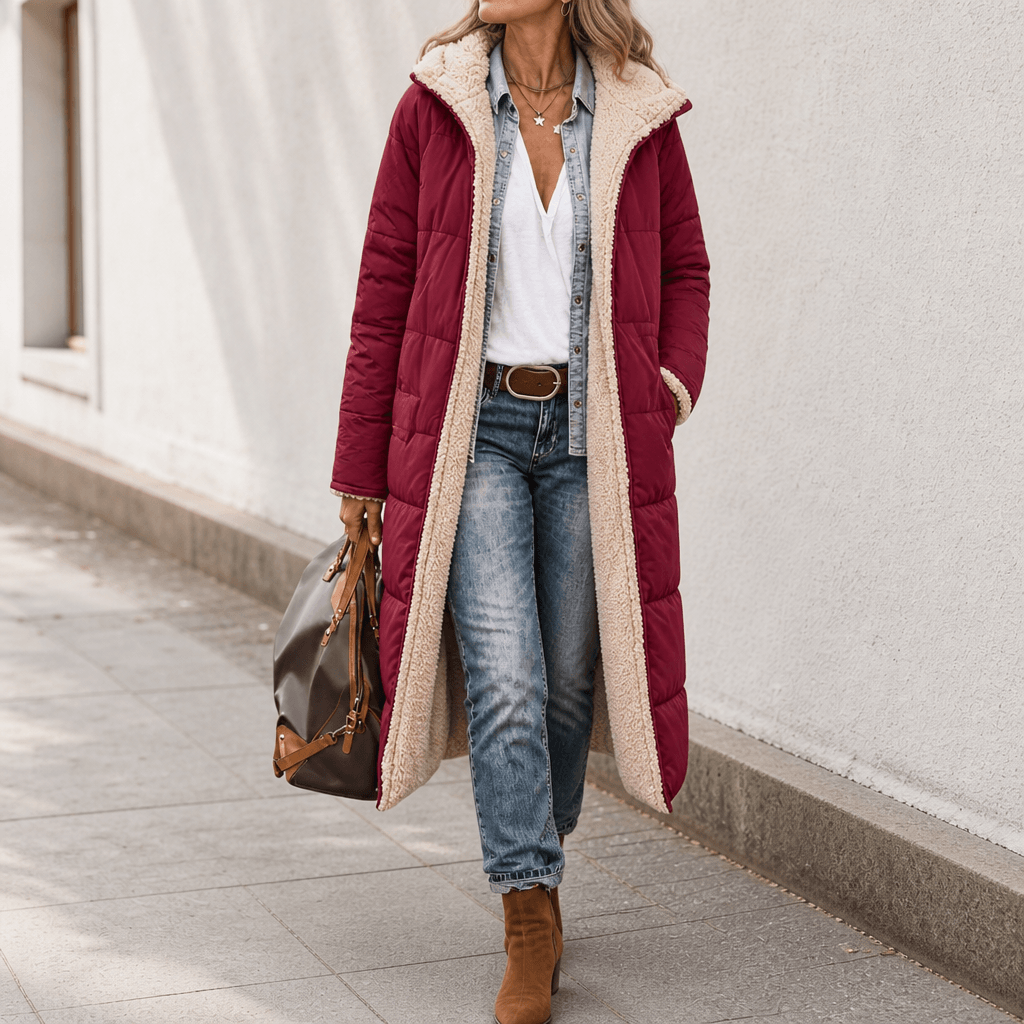 Women's Reversible Quilted Longline Winter Coat with Sherpa Trim