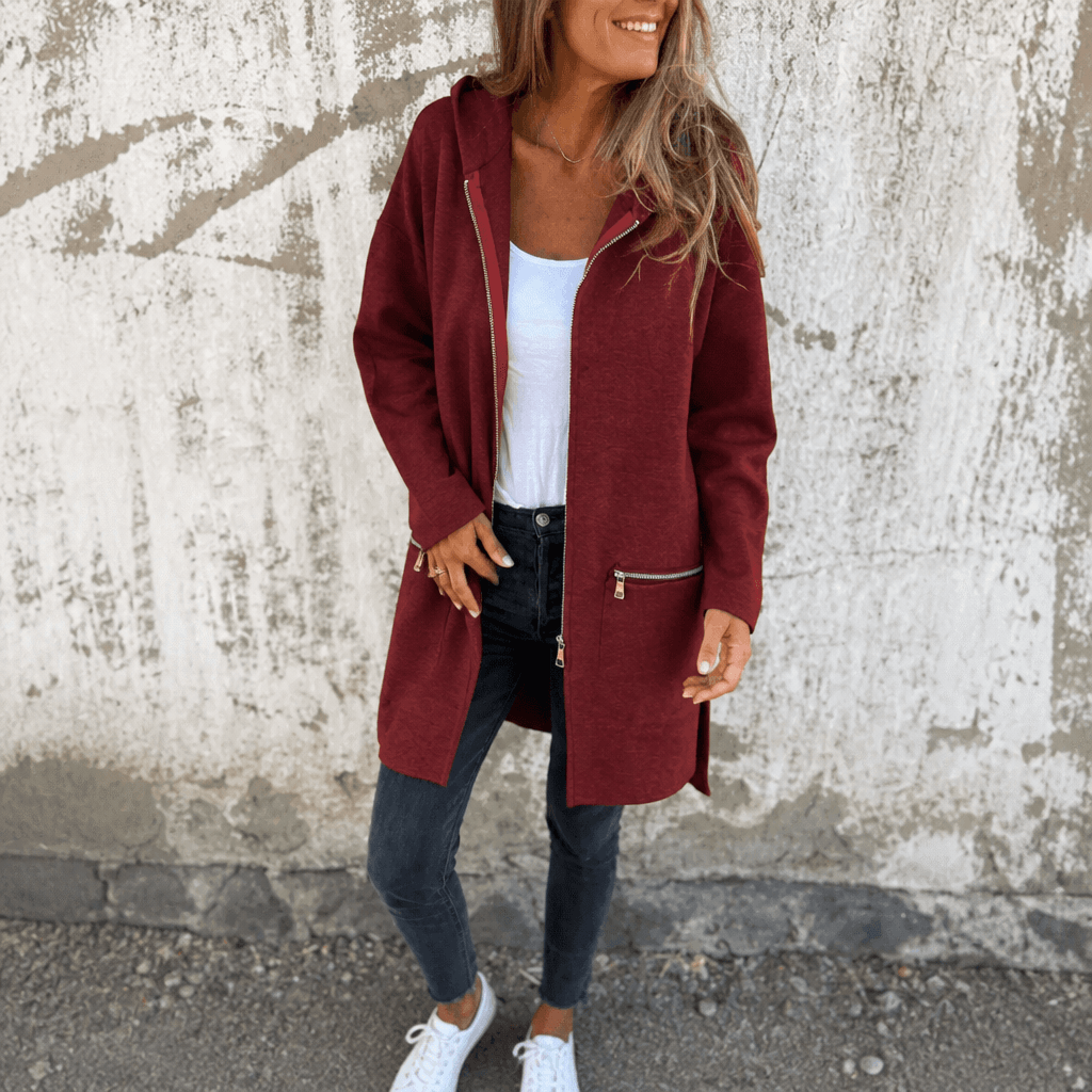 Women's Longline Hooded Zip-Up Jacket with Pockets