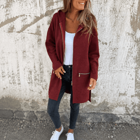 Women's Longline Hooded Zip-Up Jacket with Pockets