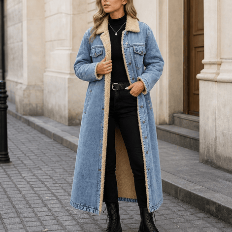 Denora Sherpa-Lined Full-Length Denim Coat with Lapel Collar