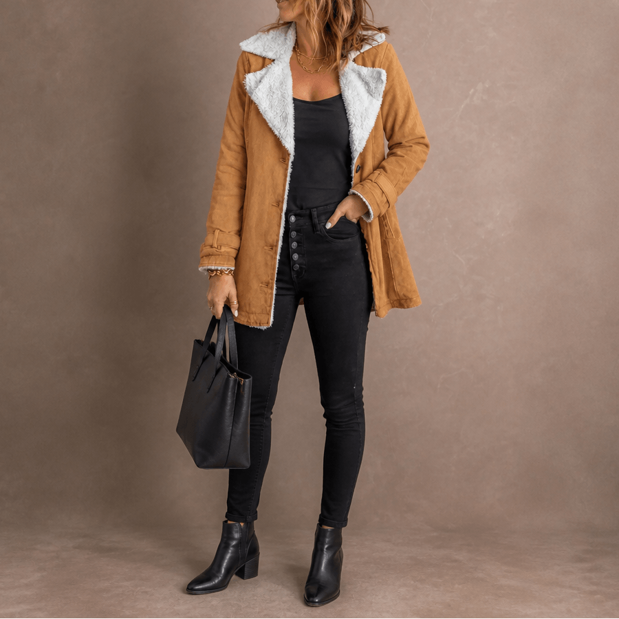 Sherpa-Lined Suede-Finish Lapel Jacket with Mid-Length Tailored Cut