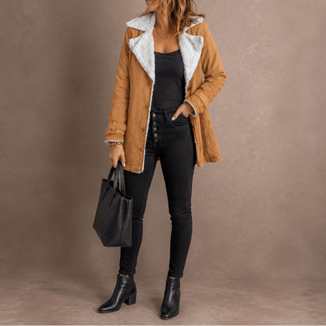 Sherpa-Lined Suede-Finish Lapel Jacket with Mid-Length Tailored Cut