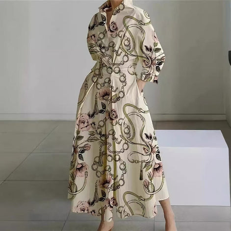Alora Collared Front Wrap Women's Midi Dress with Long Sleeves in Print