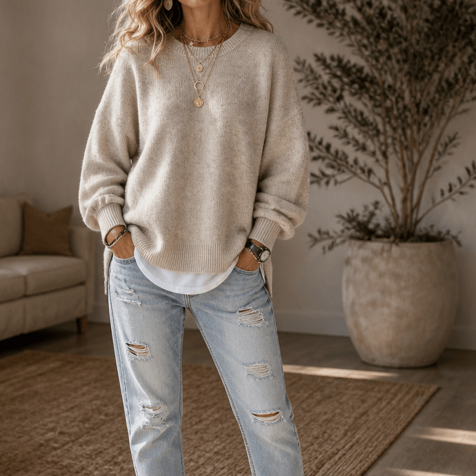 Women's Drop-Shoulder Lantern Sleeve Chunky Knitted Jumper with Side Slits