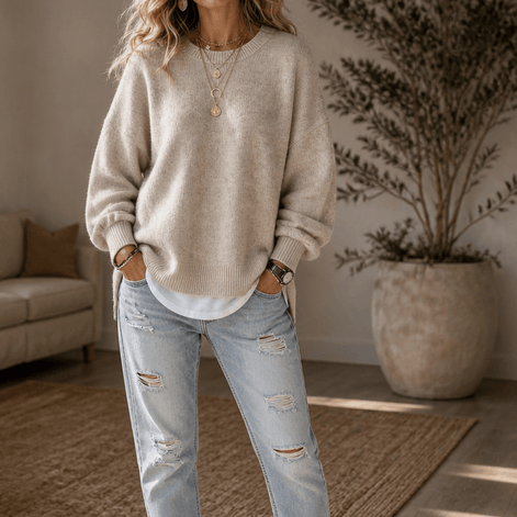 Women's Drop-Shoulder Lantern Sleeve Chunky Knitted Jumper with Side Slits