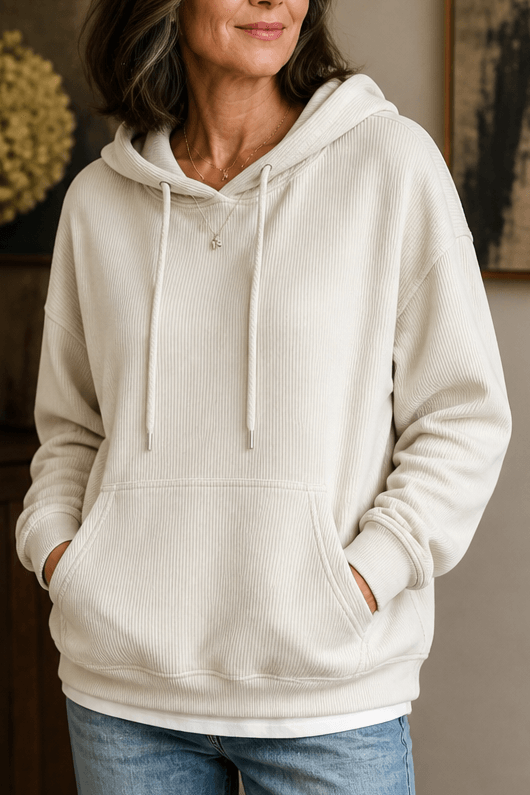 Ribbed Corduroy-Look Hoodie with Front Pocket for Women