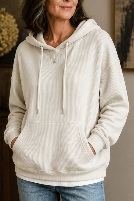 Ribbed Corduroy-Look Hoodie with Front Pocket for Women