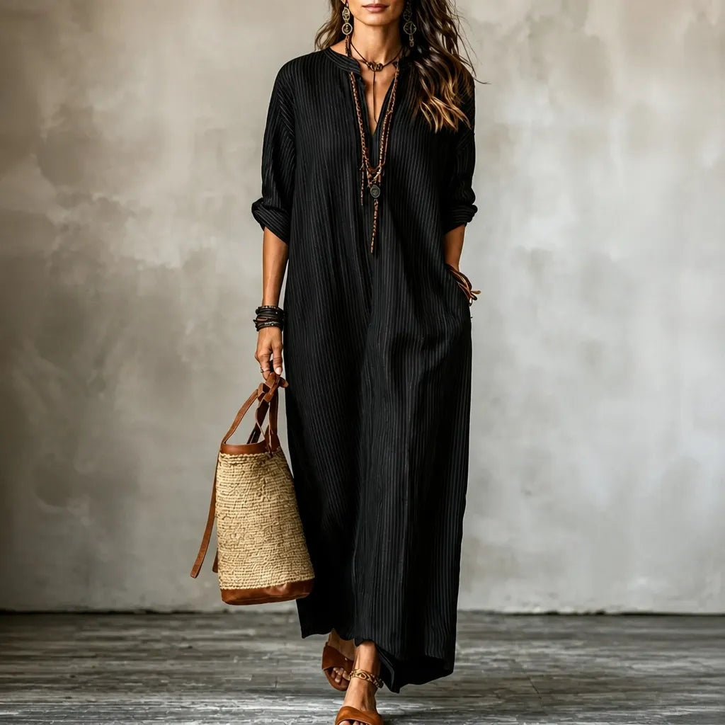 Vestara Striped V-Neck Maxi Dress with Pockets and Long Sleeves