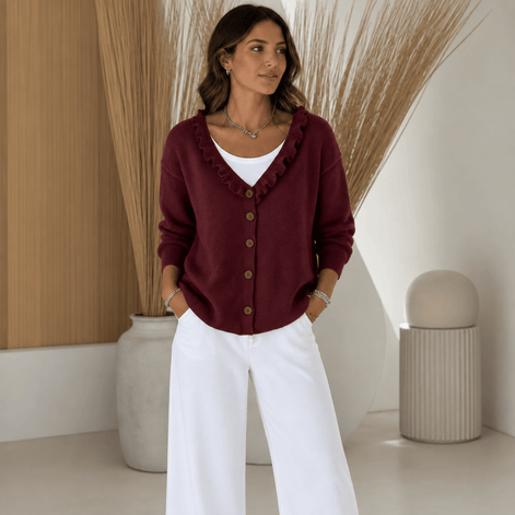 Ruffle Collar Women's Knitted Cardigan with Button Front in Acrylic Blend