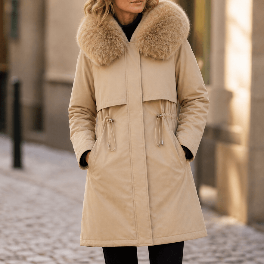 Women's Hooded Mid-Length Parka Coat with Faux-Fur Trim