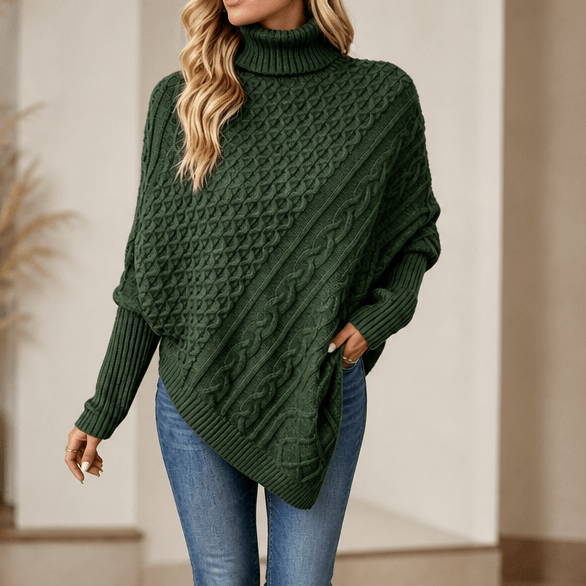Women's Cable-Knit Turtleneck Poncho Jumper with Ribbed Trim