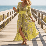 Floressa Paisley Floral V-Neck Women's Midi Dress with Drawstring Waist