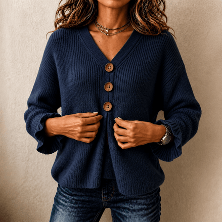 Vessa Ribbed V-Neck Button Detail Women's Knitted Jumper