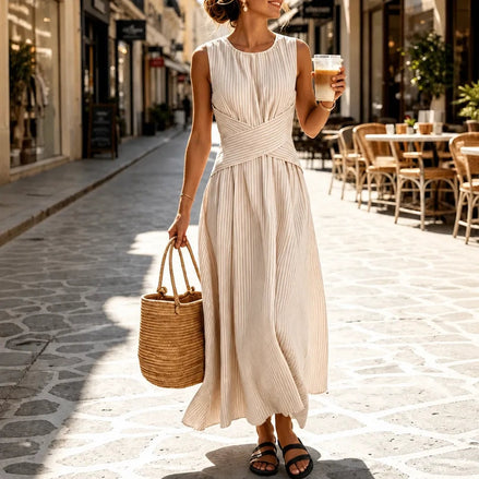 Women's Striped Wrap-Waist Sleeveless Midi Dress