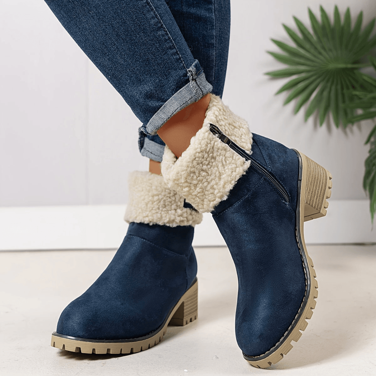 Faux Shearling Cuff Buckle Boots with Block Heel