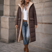 Reversible Hooded Long Puffer Coat with Faux Shearling Lining