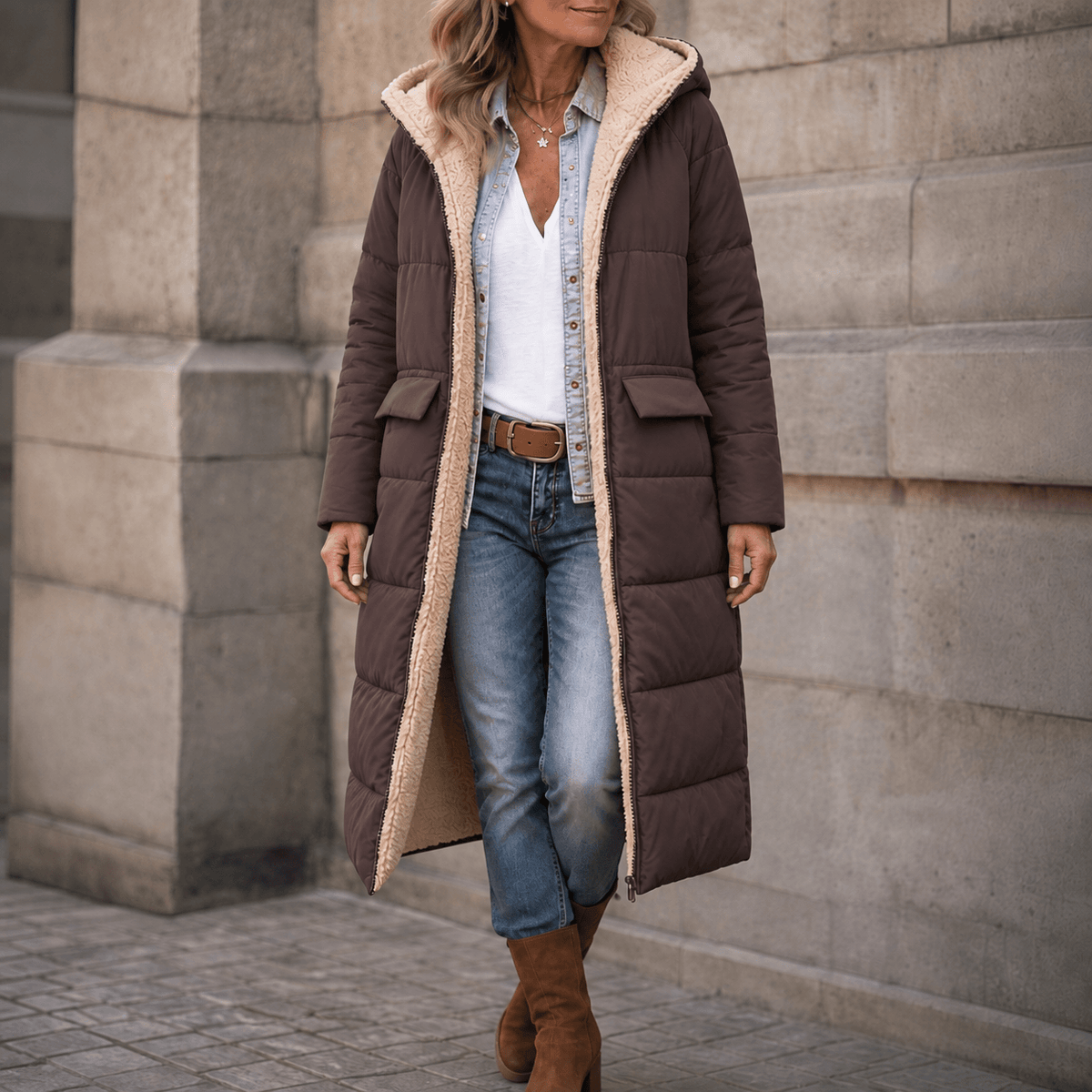 Reversible Hooded Long Puffer Coat with Faux Shearling Lining
