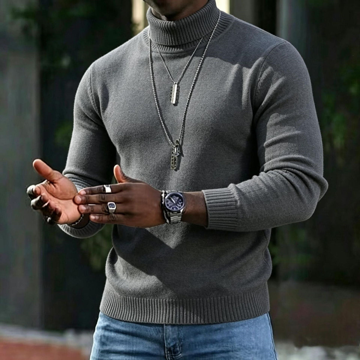 Men's Ribbed Turtleneck Knit Jumper with Long Sleeves