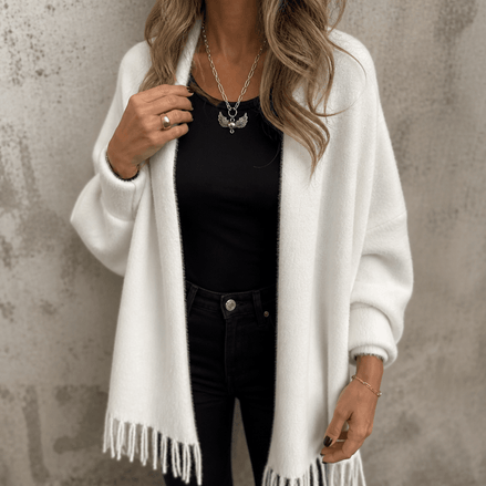 Fringe-Trim Draped Shawl Collar Open-Front Wool Winter Coat for Women