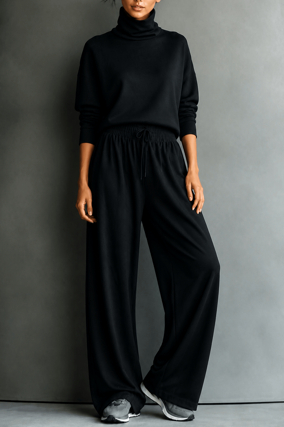 Women's Turtleneck Knitted Jumper and Wide-Leg Trousers Lounge Set