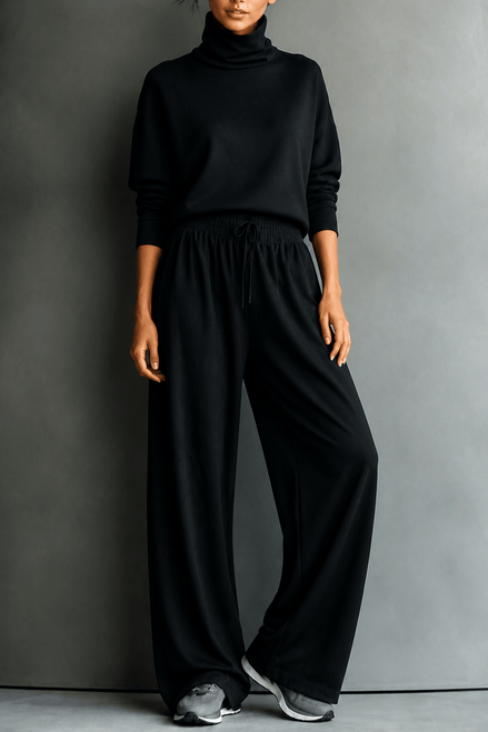 Women's Turtleneck Knitted Jumper and Wide-Leg Trousers Lounge Set