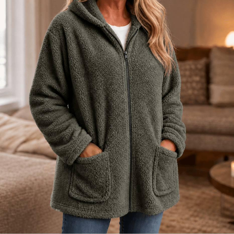 Cozelle Plush Hooded Oversized Fleece Zip-Up Jacket for Women