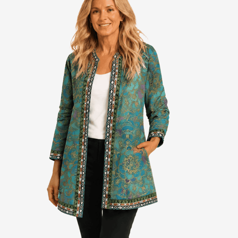 Patrice Art-Print Open-Front Jacket with Embellished Trim