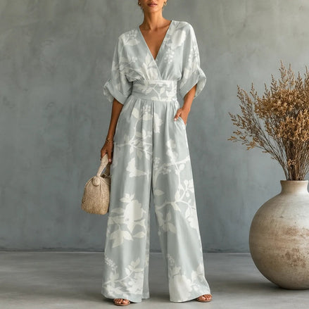 Floral Print Wide-Leg Jumpsuit with Cinched Waist and Pockets