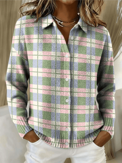 Esmeralda Plaid Cotton Flannel Button-Up Long Sleeve Blouse for Women