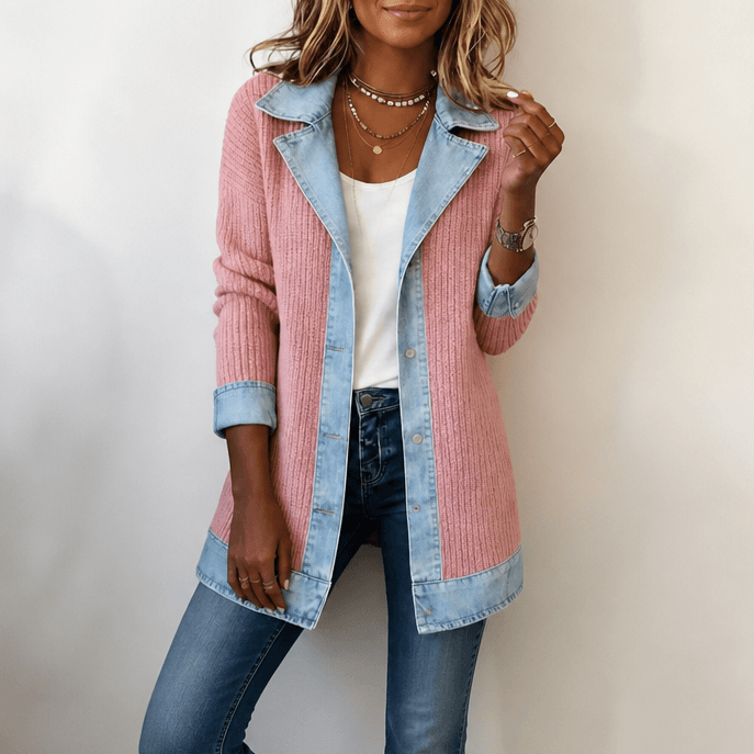 Ribbed Knit Longline Cardigan Coat with Denim Panel Detail