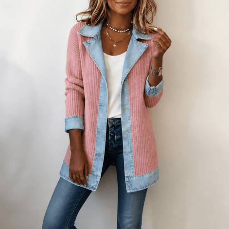 Ribbed Knit Longline Cardigan Coat with Denim Panel Detail
