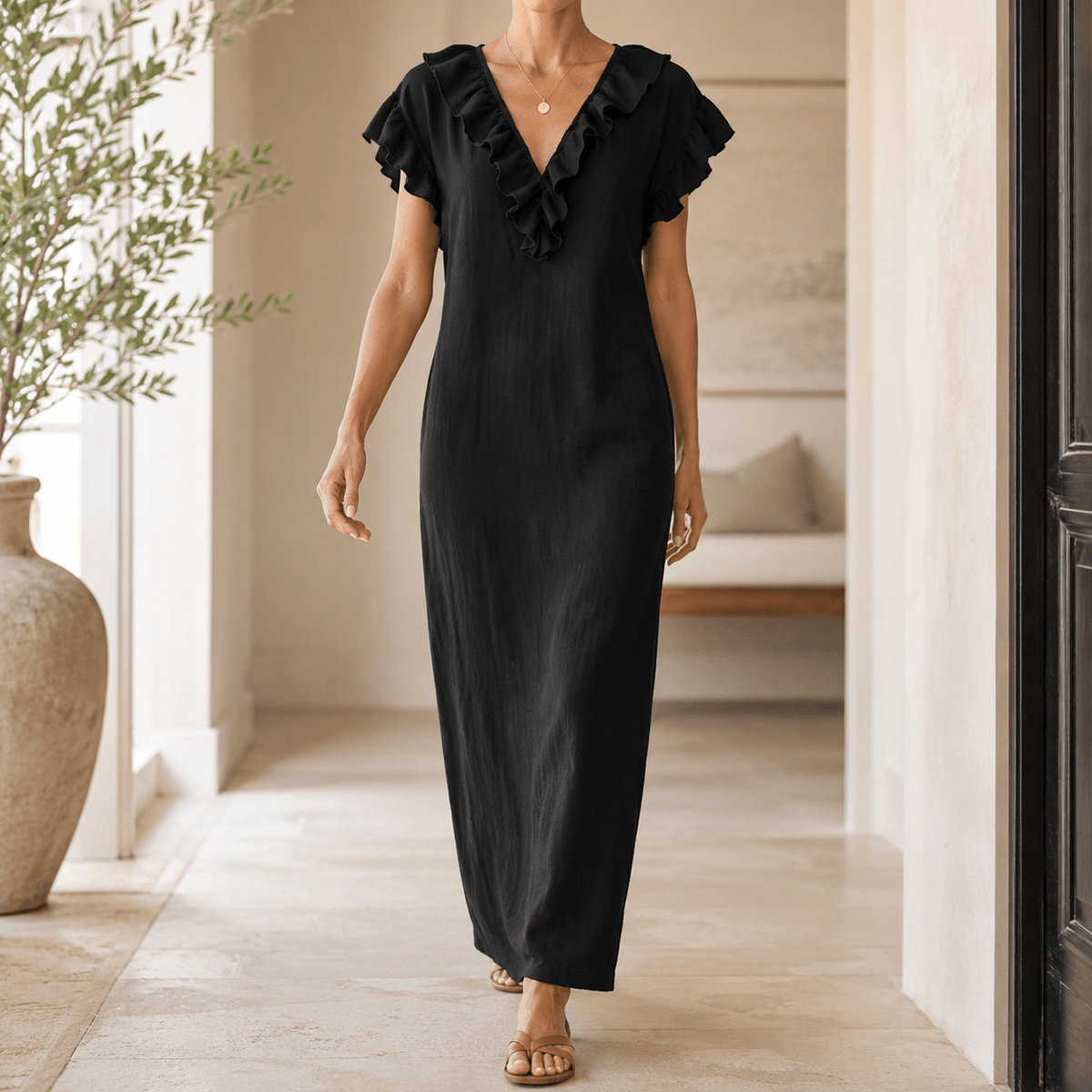 Ruffled V-Neck Maxi Dress with Hidden Pockets for Women