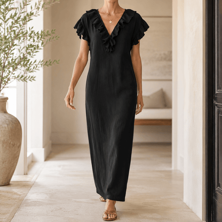 Ruffled V-Neck Maxi Dress with Hidden Pockets for Women