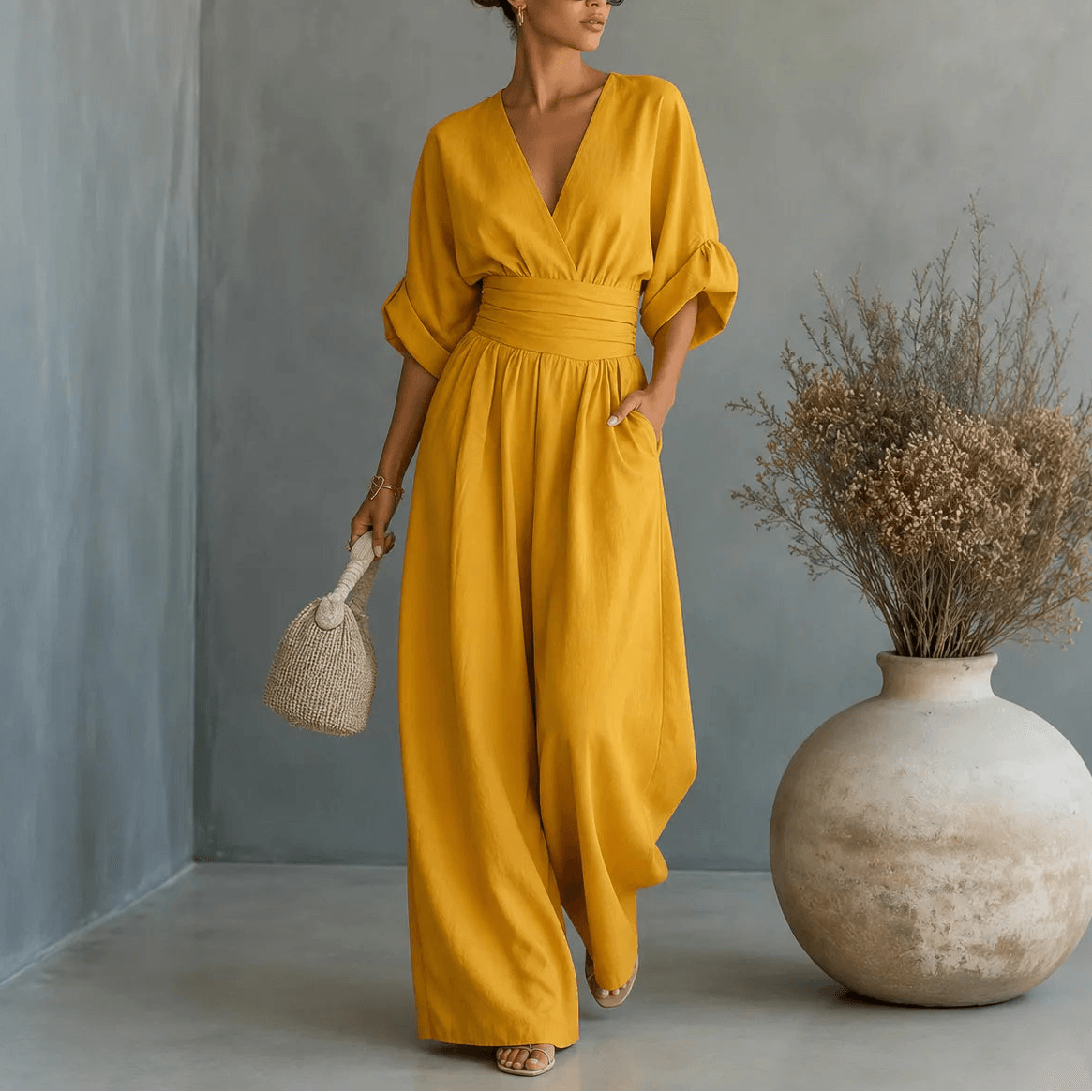 Wide Leg V-Neck Jumpsuit with Pleated Waist Sash for Women