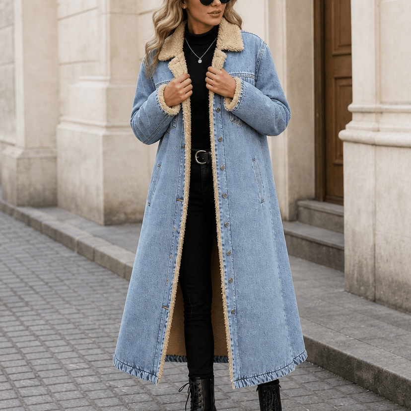 Denora Sherpa-Lined Full-Length Denim Coat with Lapel Collar