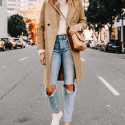 Women's Notch Lapel Double-Breasted Long Wool Winter Coat with Side Pockets